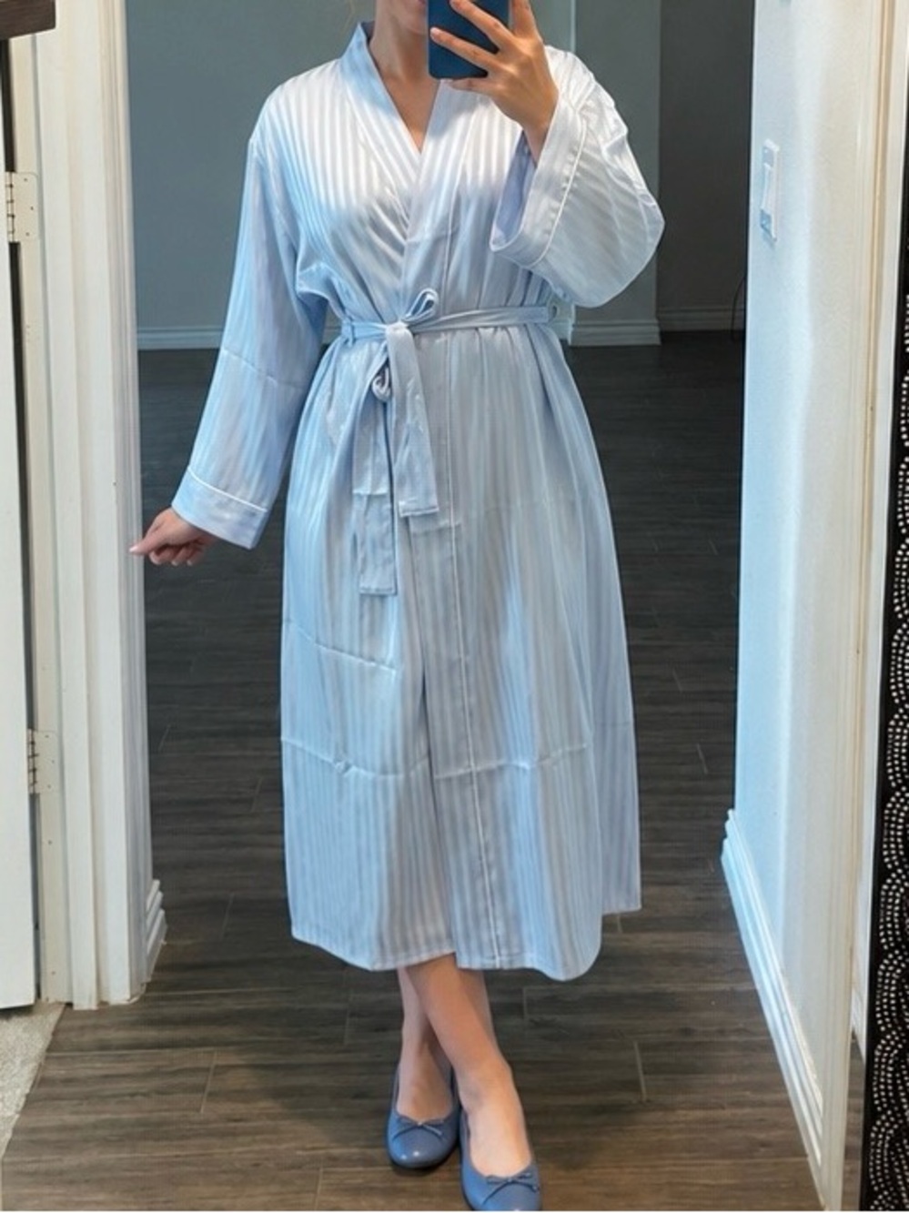 Auden Light Blue Striped Midi Wrap Dress with Tie Waist